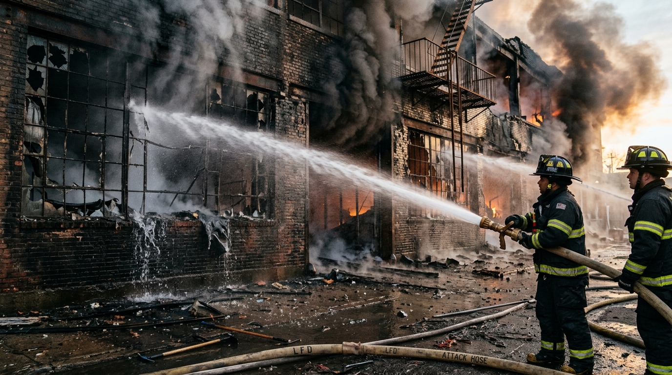 Façade noircie d'une usine après un incendie en Chine