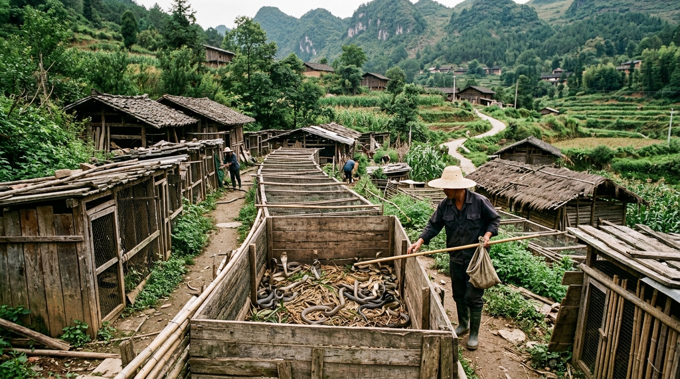 Ferme d'élevage de serpents en milieu rural en Chine