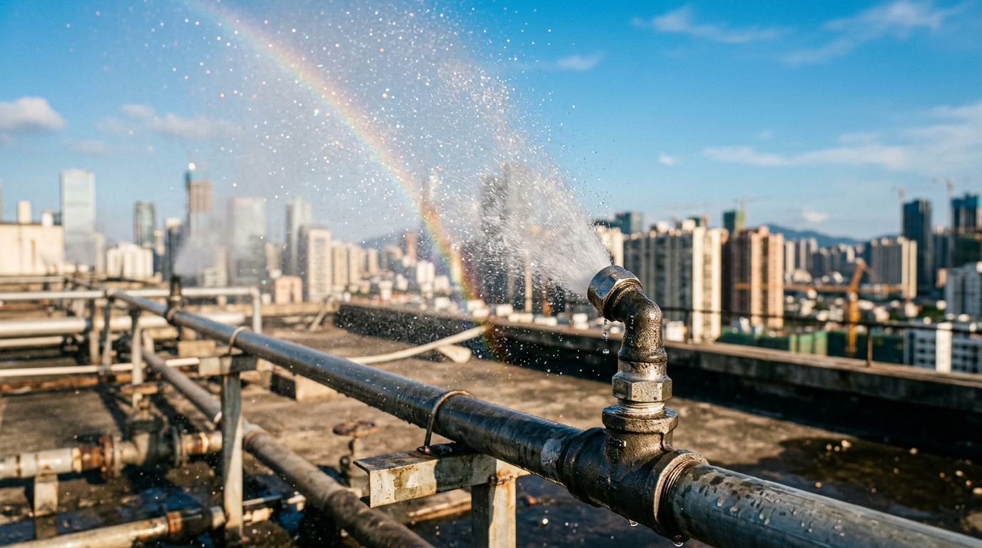 Gouttelettes d'eau diffusées par un brumisateur industriel sur un toit