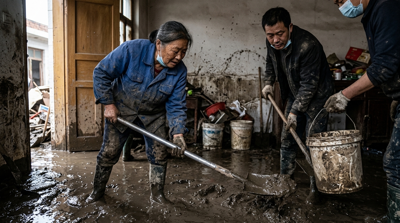 Habitants de Gantang qui nettoient la boue dans leur maison après les inondations