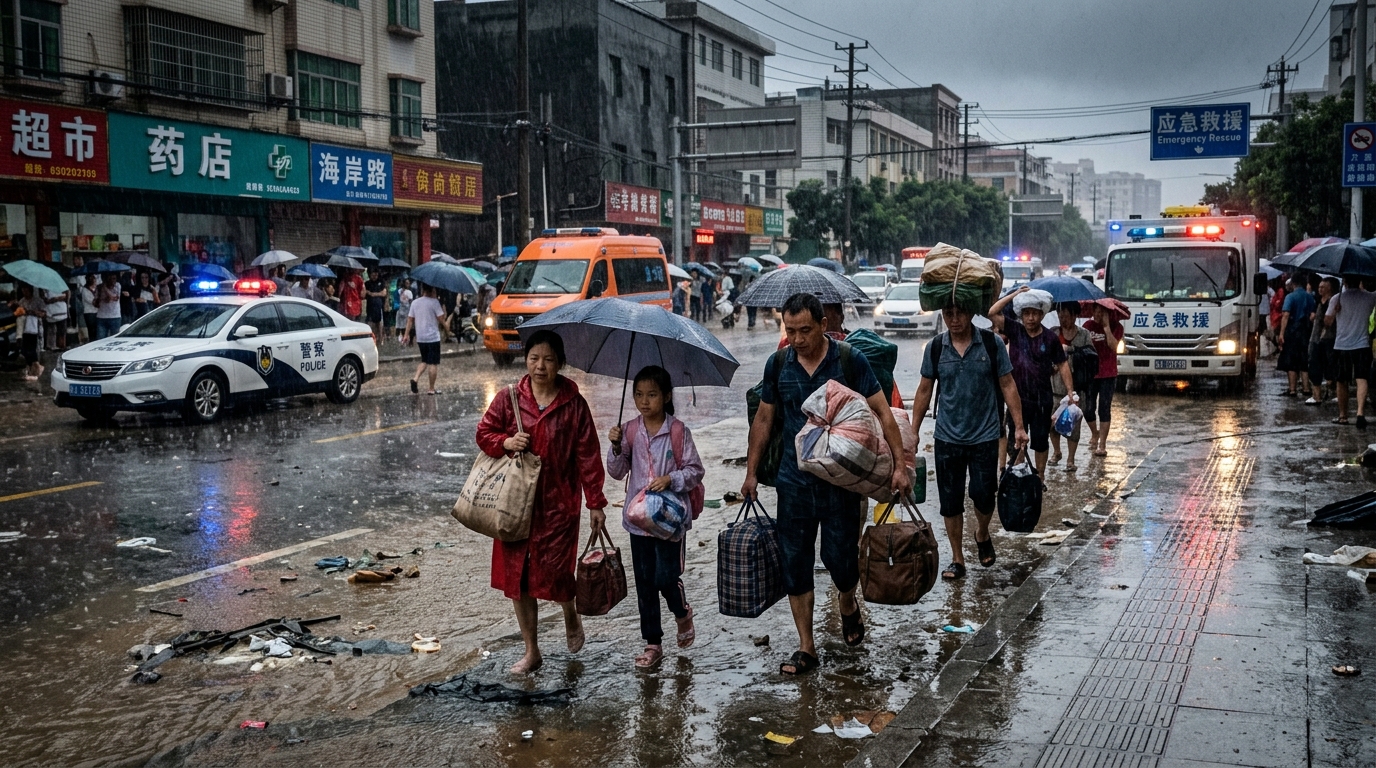 Habitants évacuant une ville côtière chinoise sous la pluie battante