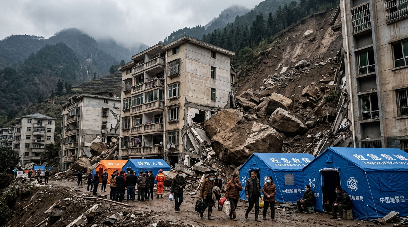 Immeubles endommagés par le glissement de terrain à Chongqing avec des blocs rocheux