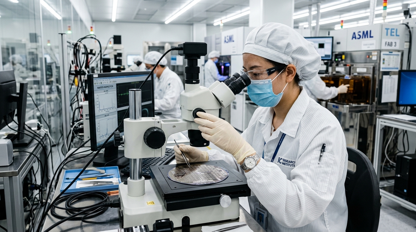 Ingénieur chinois en salle blanche analysant une plaquette de semi-conducteurs