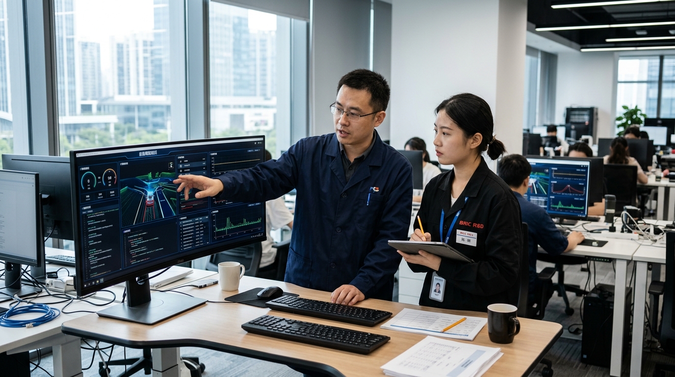 Ingénieurs travaillant sur des logiciels de conduite autonome en Chine