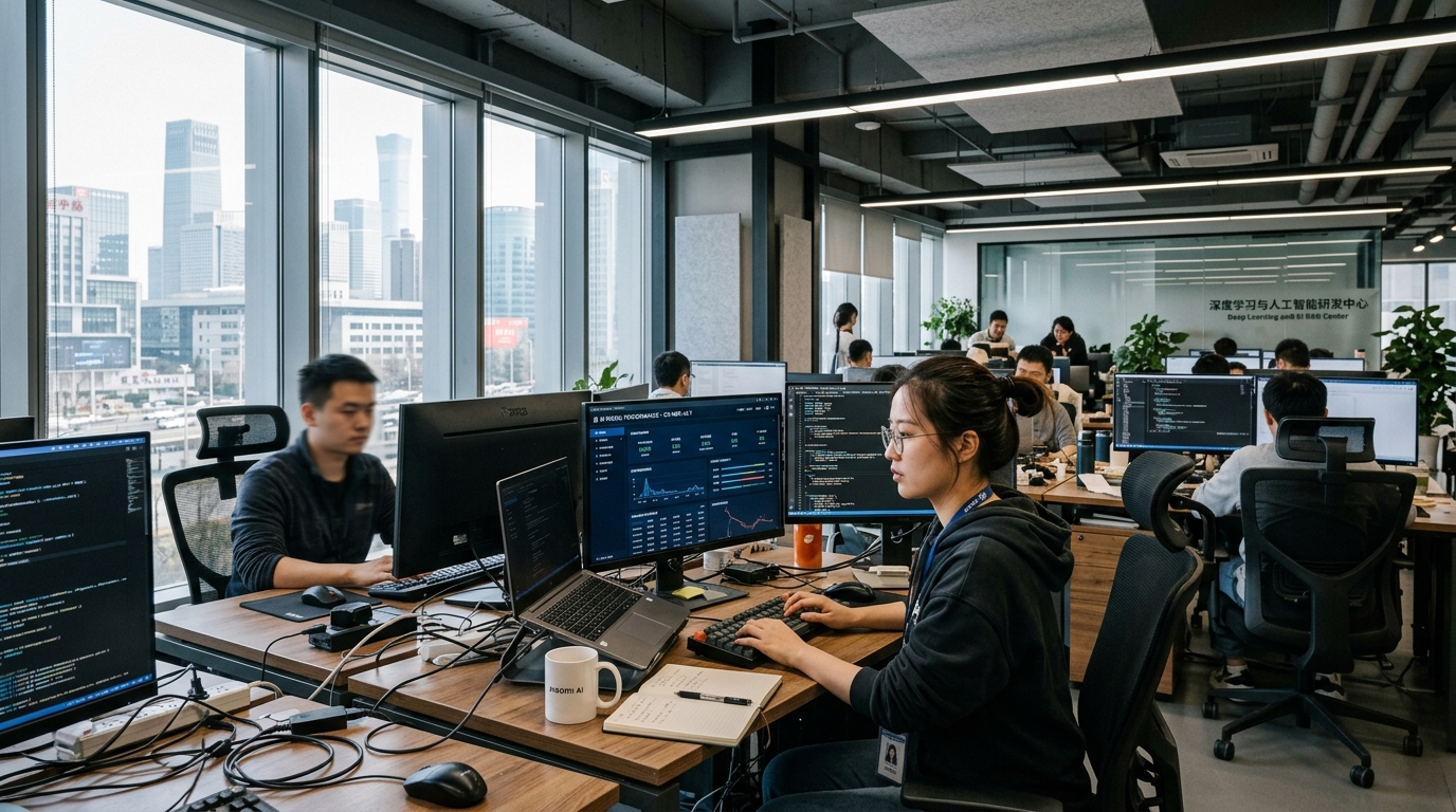 Ingénieurs travaillant sur des modèles d'IA dans un bureau technologique chinois