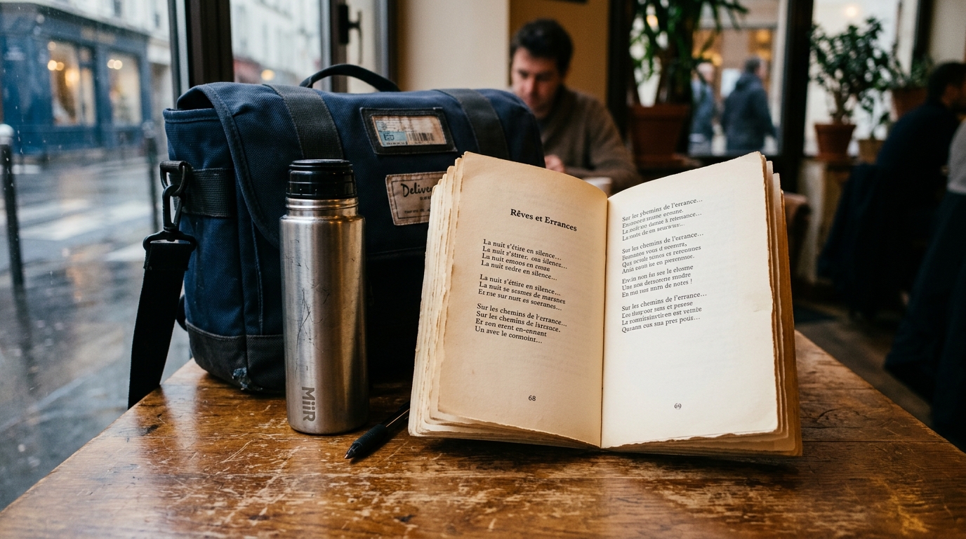 Livre de poésie ouvert posé près d'un sac de livraison