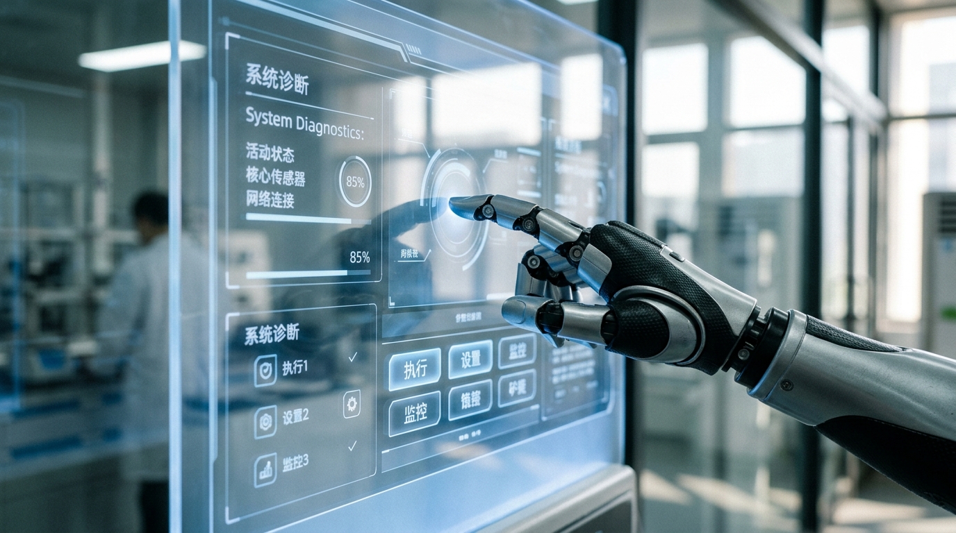 Main d'un robot humanoïde interagissant avec un écran tactile