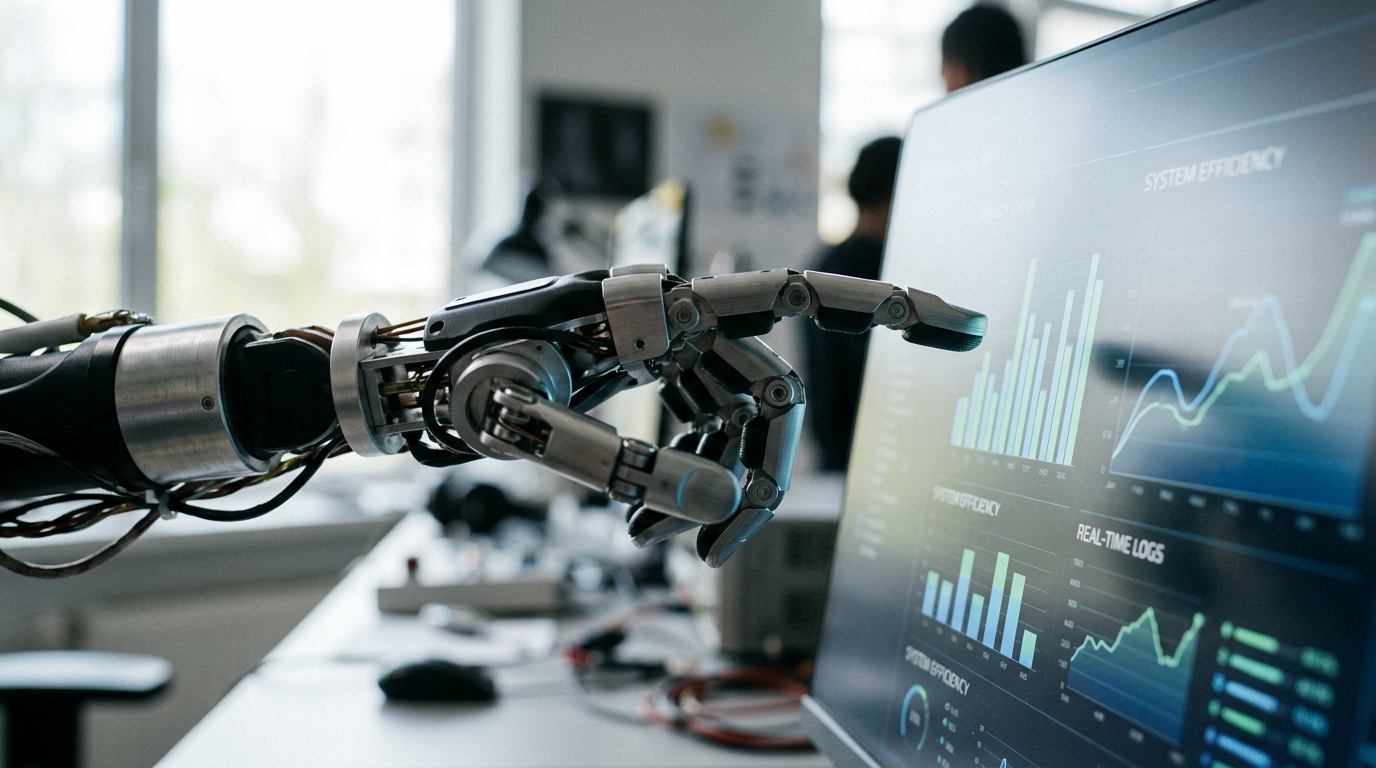 Main robotique interagissant avec une interface numérique affichant des données