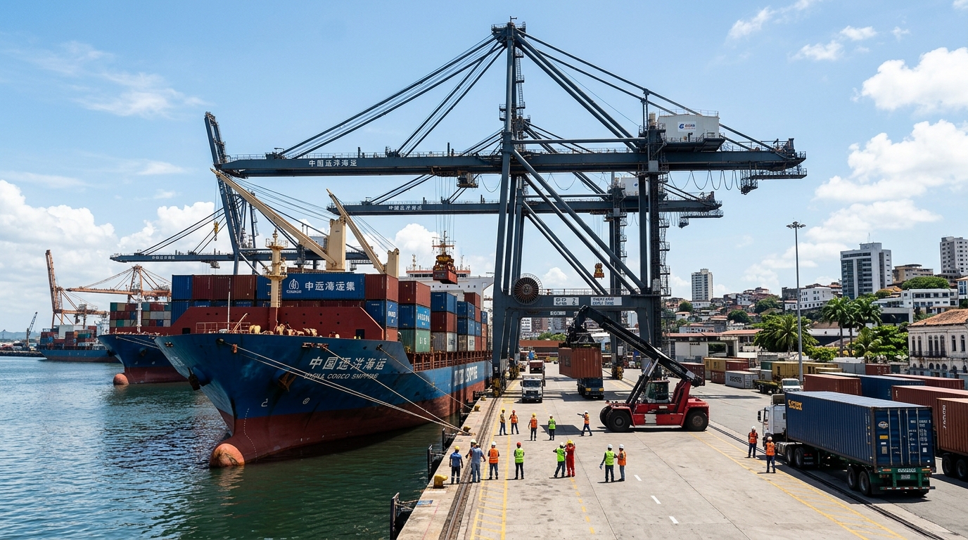 Navires de commerce chinois déchargeant des marchandises dans un port d'Amérique latine