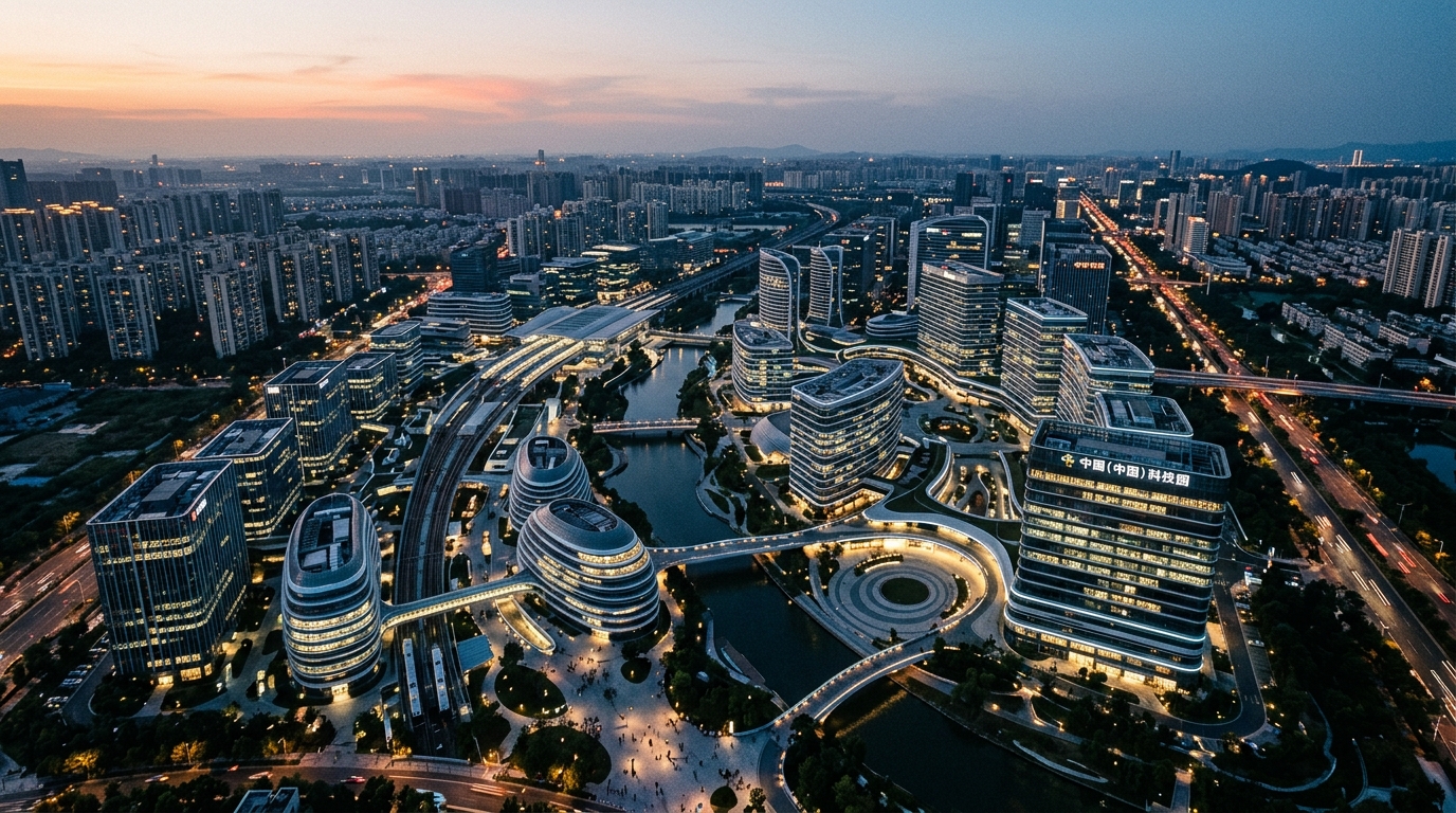 Parc technologique chinois vu du ciel au crépuscule