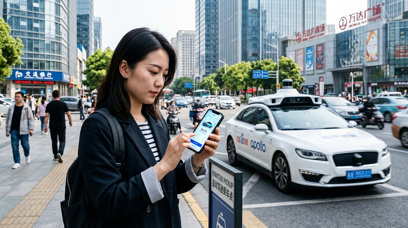 Passager réservant un robotaxi via une application mobile en Chine