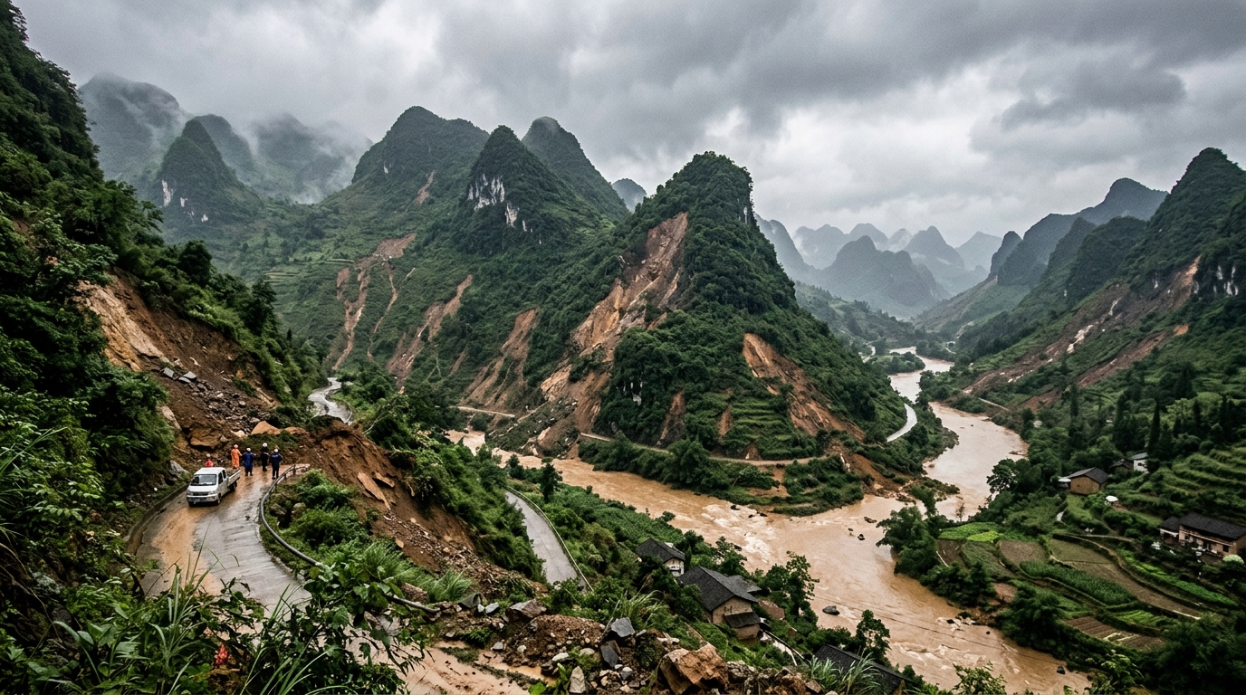 Paysage montagneux du sud de la Chine après des glissements de terrain