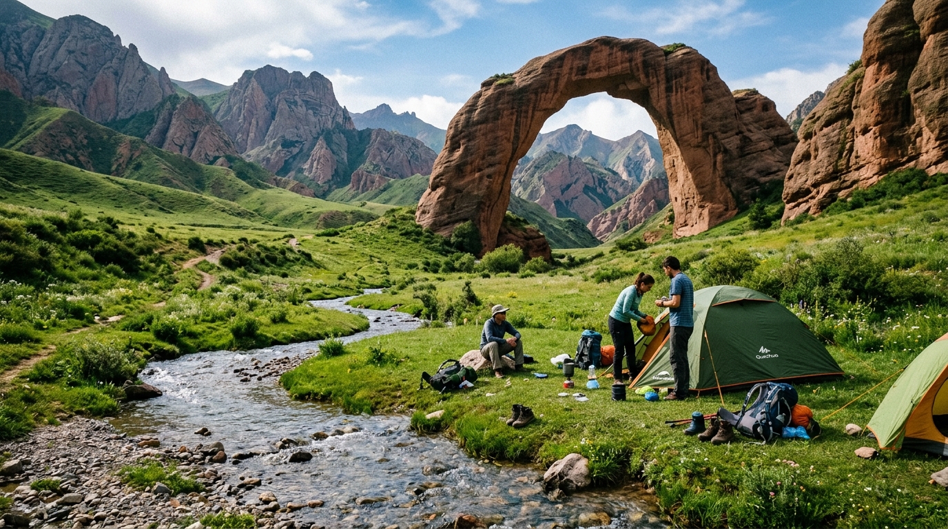 Paysage naturel du Gansu avec arche de pierre et ruisseau de montagne