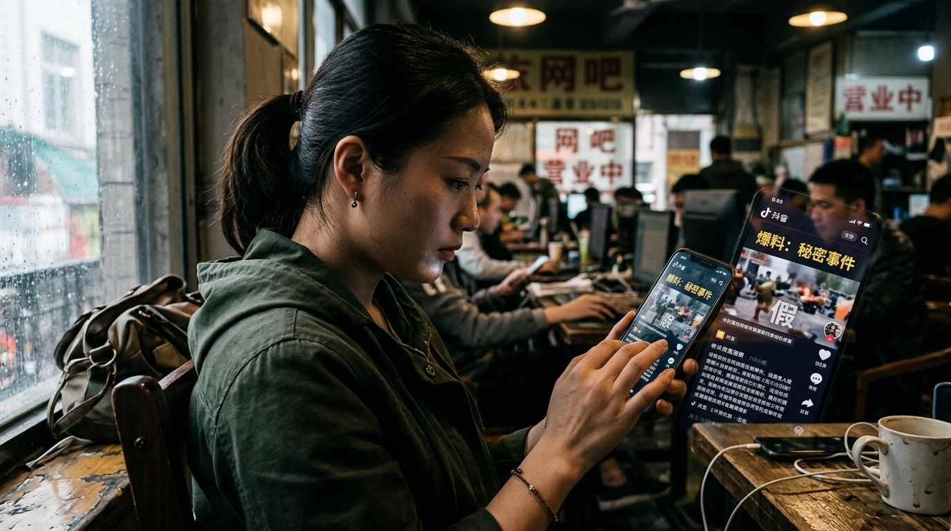 Personne consultant des réseaux sociaux sur smartphone avec contenu trompeur