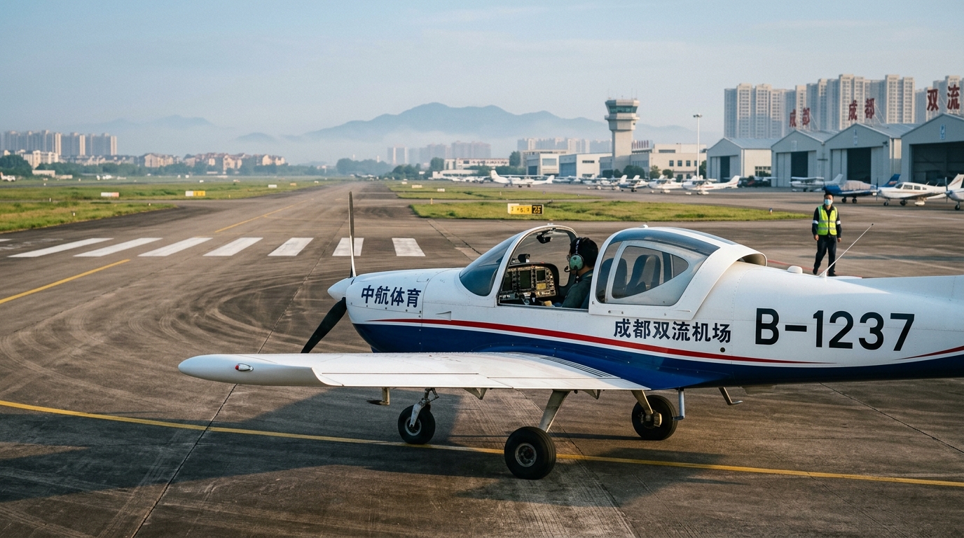 Petit avion de tourisme sur une piste d'aéroport périphérique en Chine