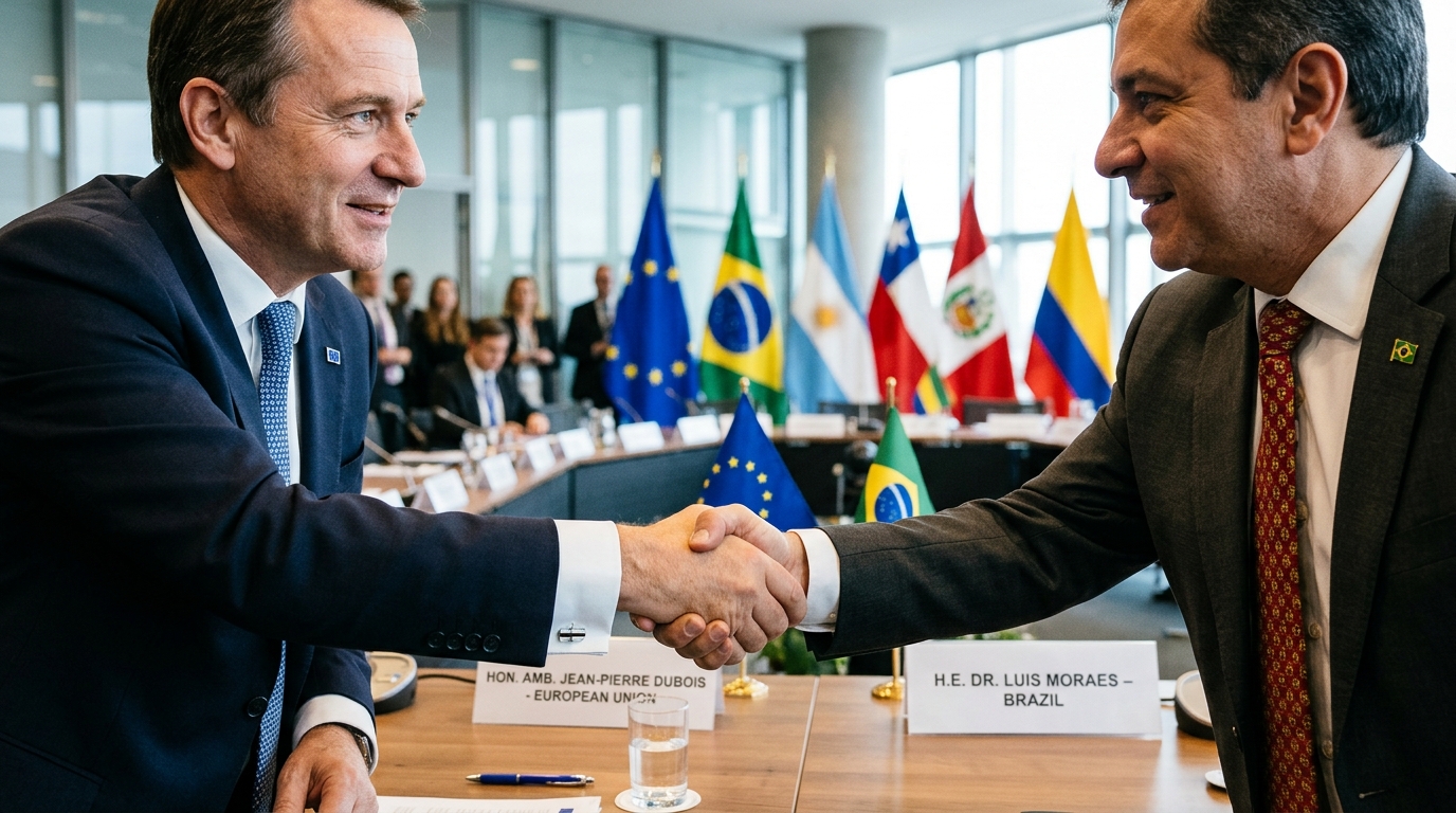 Poignée de main diplomatique entre représentants européens et sud-américains lors d'une réunion officielle