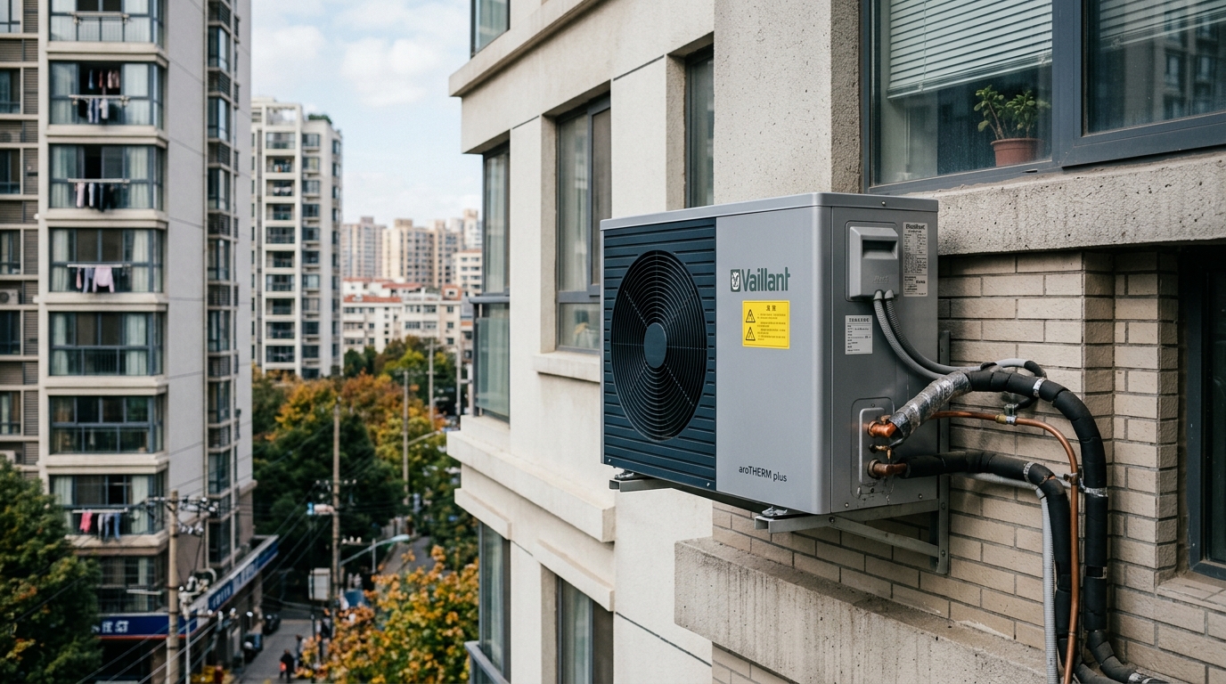 Pompe à chaleur installée sur un bâtiment résidentiel européen