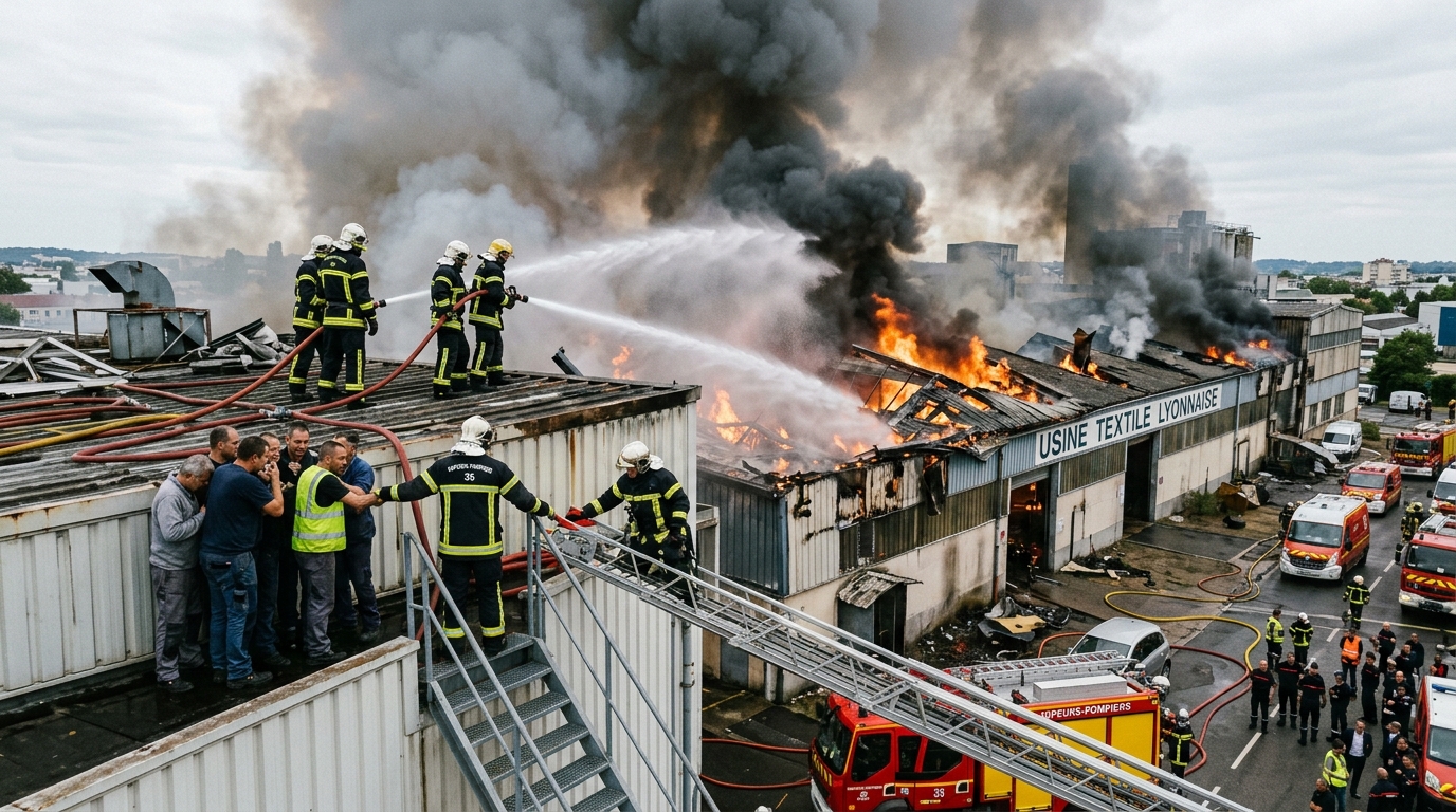 Pompiers arrosant le toit d'une usine en feu pour protéger les ouvriers