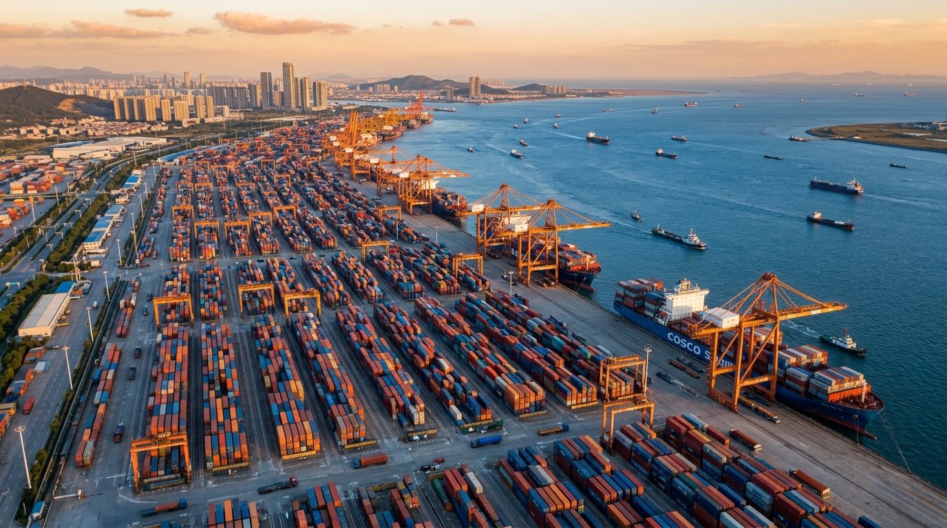 Port d'exportation chinois avec conteneurs et grues