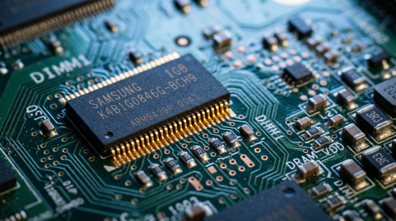 Puce mémoire DRAM en gros plan sur un circuit imprimé