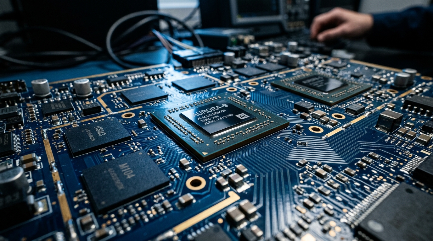 Puces semiconducteurs IA sur circuit imprimé en gros plan