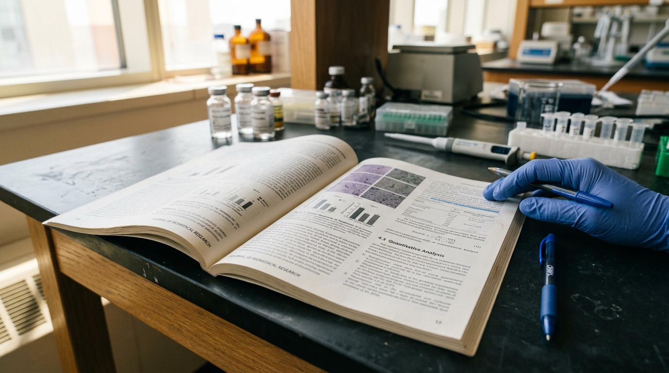Revue scientifique ouverte sur un bureau de laboratoire