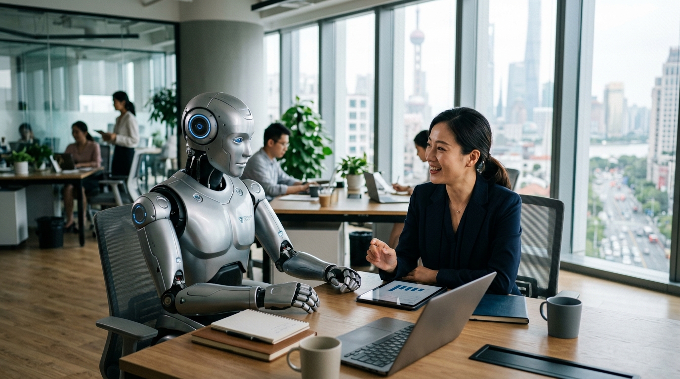 Robot humanoïde interagissant avec un professionnel en entreprise