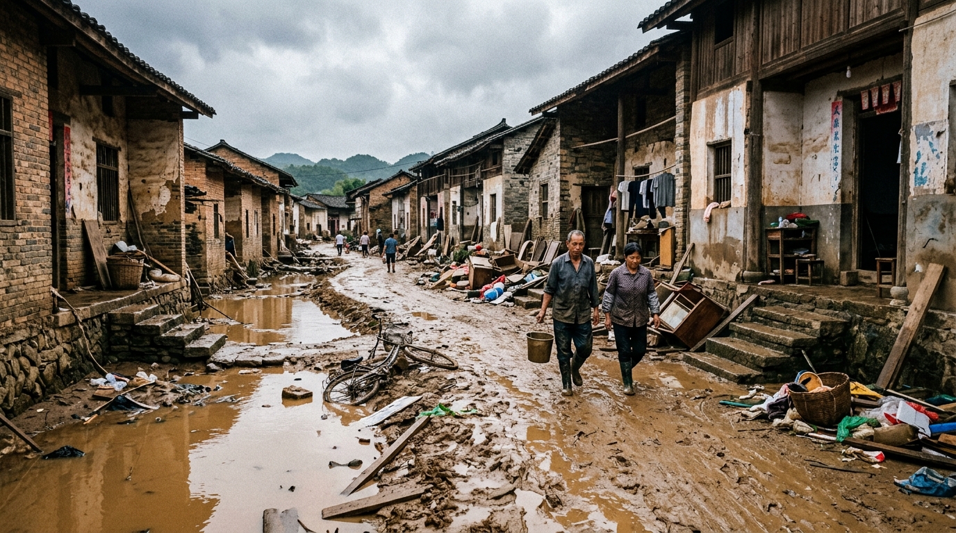 Route couverte de débris et de boue après les inondations dans le sud de la Chine