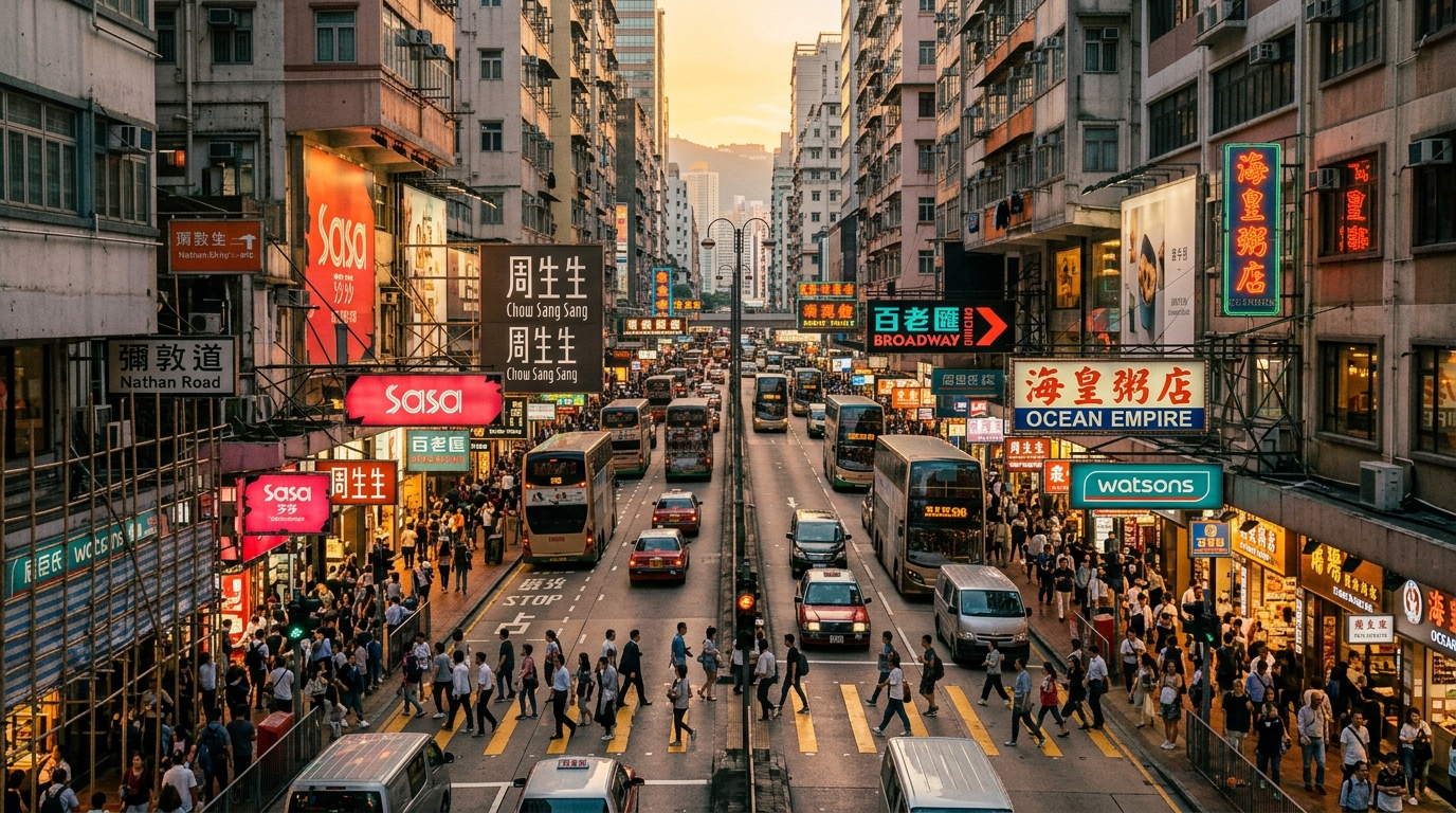 Rue commerçante animée de Hong Kong vue du ciel