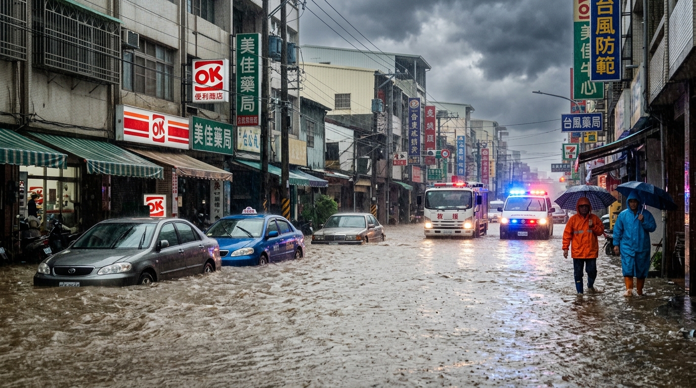 Rue inondée à Taïwan lors du passage du typhon Bavi