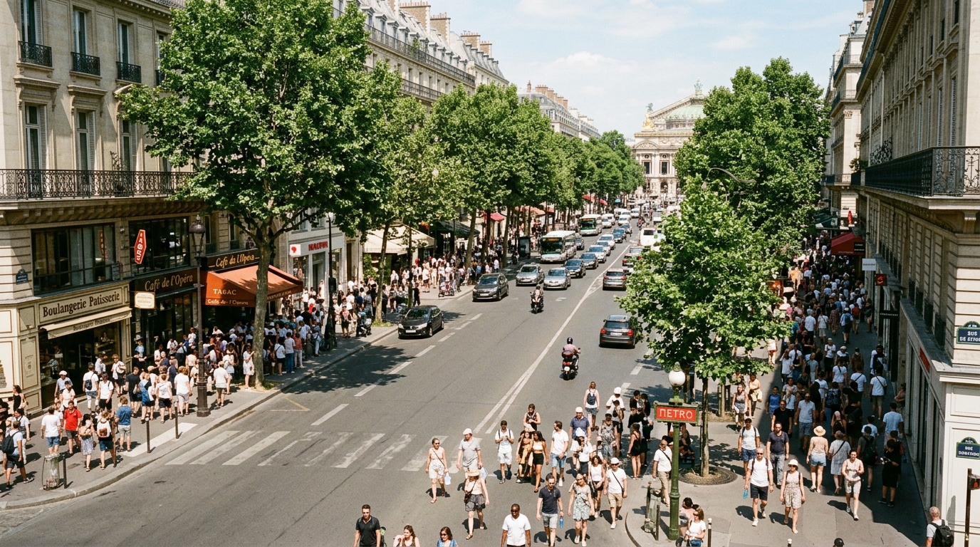 Rue parisienne lors d'une vague de canicule estivale