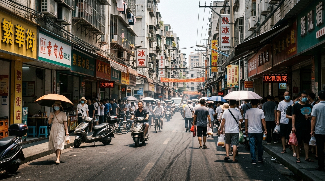 Rue urbaine chinoise sous forte chaleur estivale
