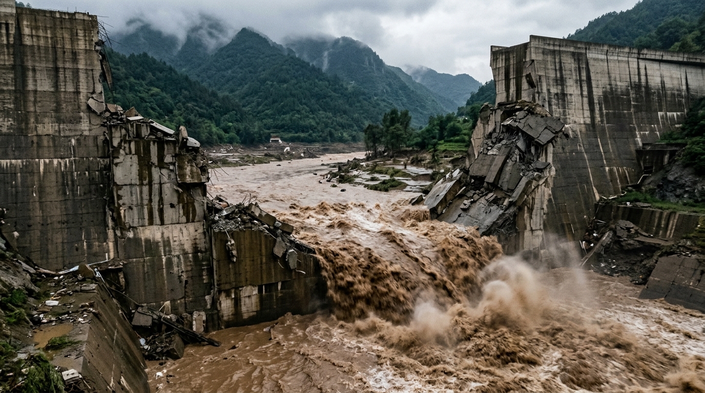 Rupture d'un barrage-réservoir avec un torrent d'eau boueuse