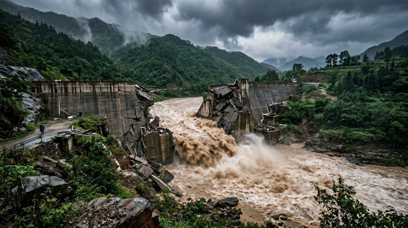 Rupture des parois d'un barrage dans le Guangxi lors du typhon Maysak