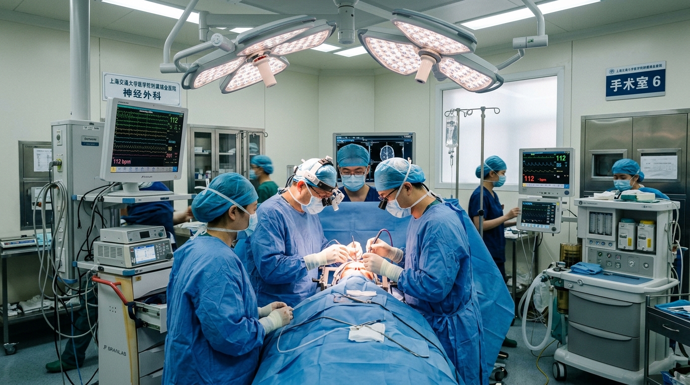 Salle d'opération de l'hôpital Huashan à Shanghai lors d'une procédure neurochirurgicale