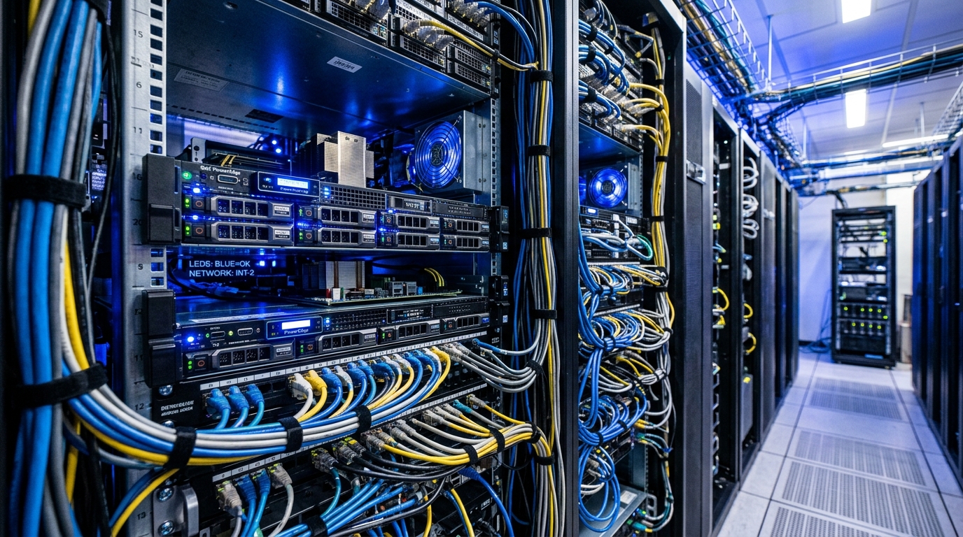 Salle de serveurs représentant l'infrastructure locale pour l'entraînement de modèles d'IA