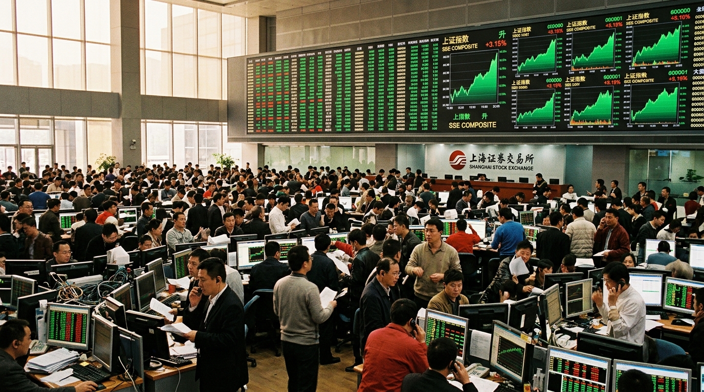 Salle des marchés d'une bourse chinoise avec des graphiques en hausse