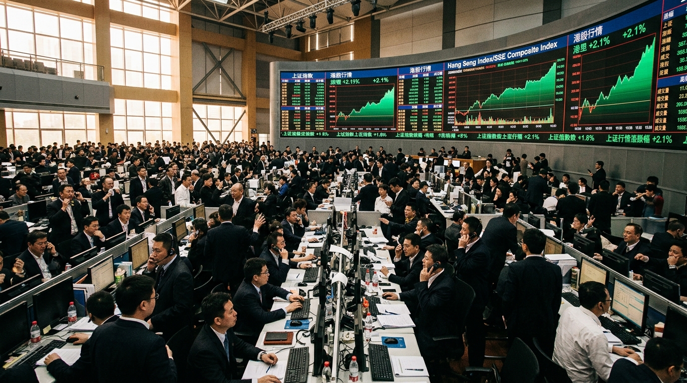 Salle des marchés d'une Bourse chinoise avec écrans de cotation