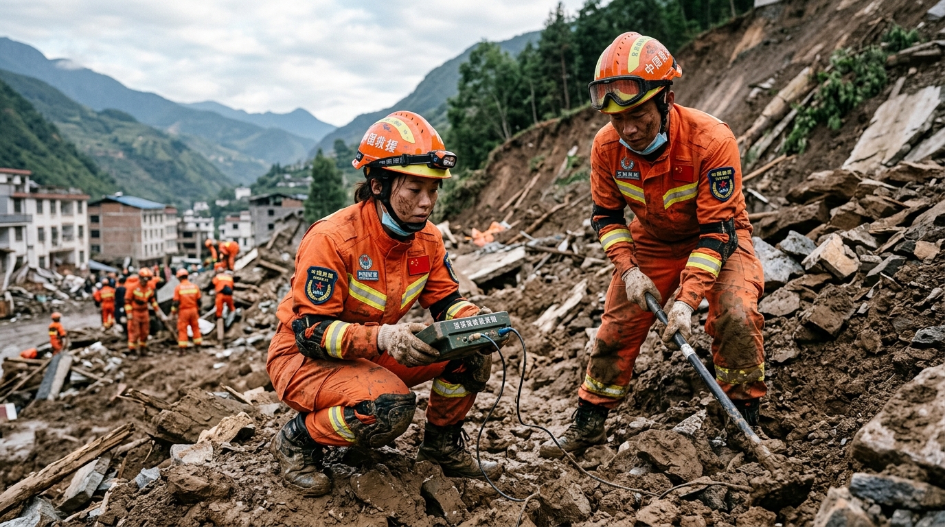 Sauveteurs cherchant des victimes dans les décombres du glissement de terrain