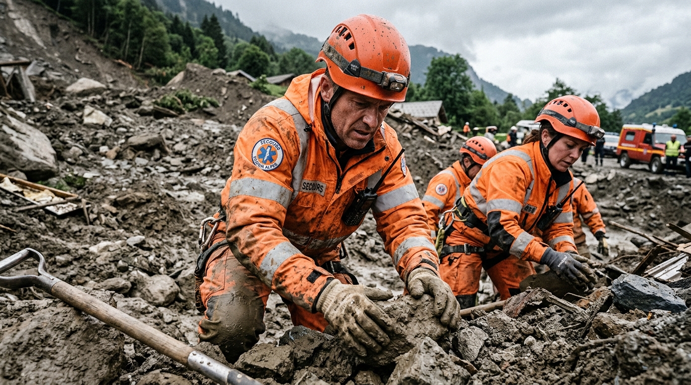 Sauveteurs cherchant des victimes sous les décombres d'un glissement de terrain