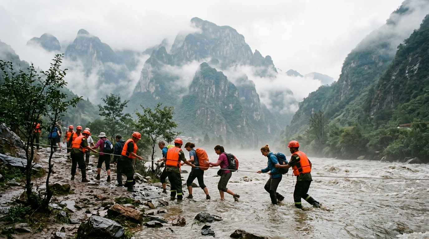 Secouristes aidant des randonneurs lors d'une crue en montagne en Chine