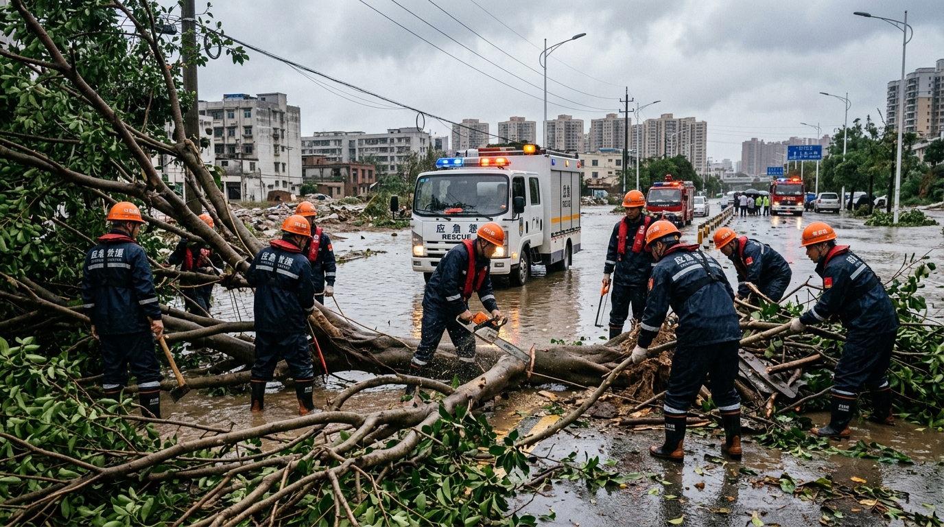 Secouristes chinois dégageant des arbres abattus après le typhon Bavi