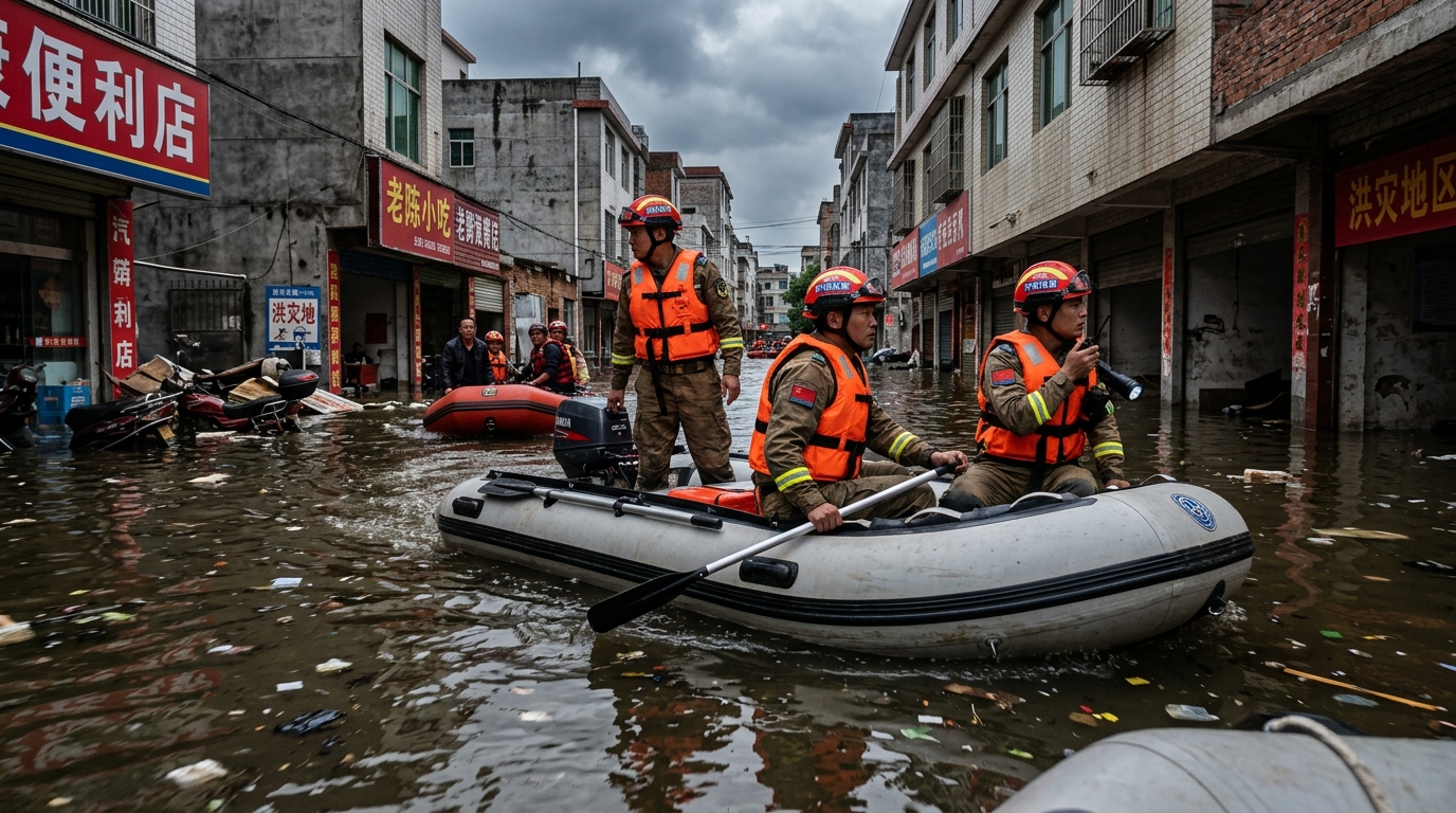 Secouristes chinois en bateau pneumatique dans des rues inondées