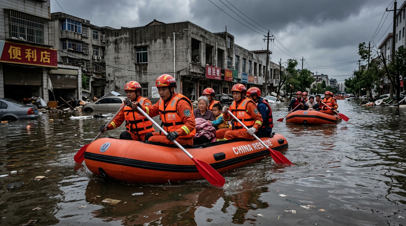 Secouristes chinois en bateau pneumatique lors des inondations de juillet 2026