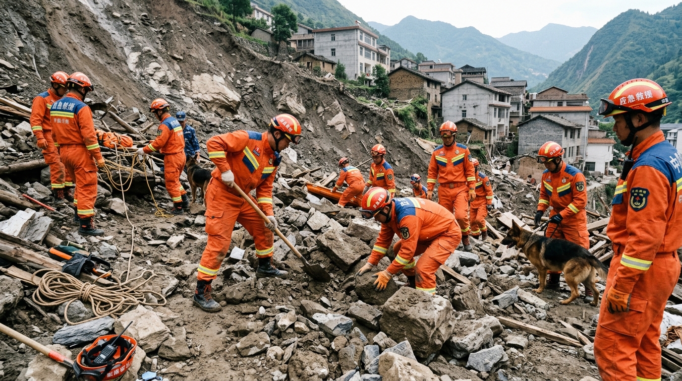 Secouristes fouillant les décombres après le glissement de terrain de Chongqing