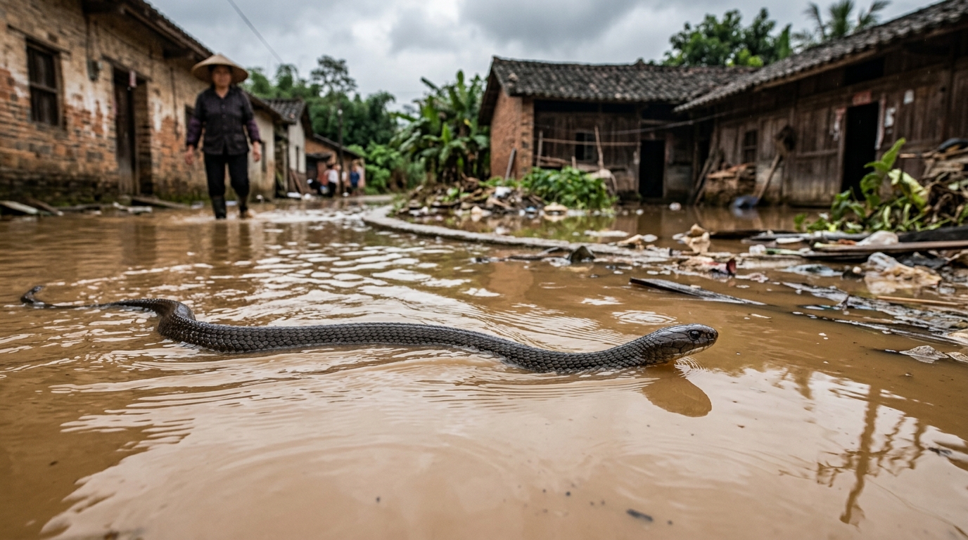 Serpent nageant dans les eaux d'inondation d'une rue