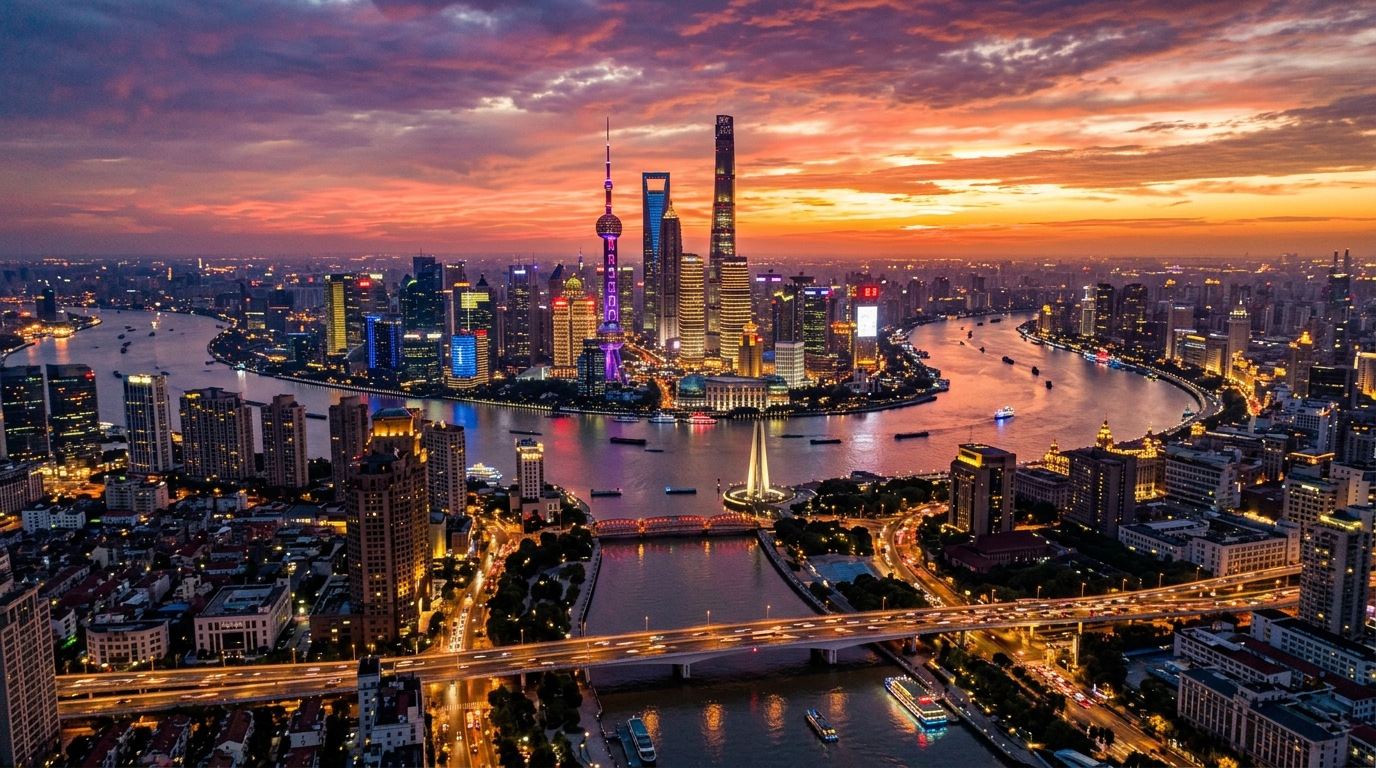 Skyline d'une grande ville chinoise au coucher du soleil