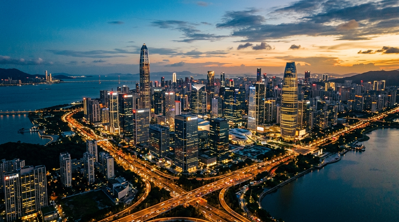 Skyline de Shenzhen au crépuscule avec le quartier technologique illuminé