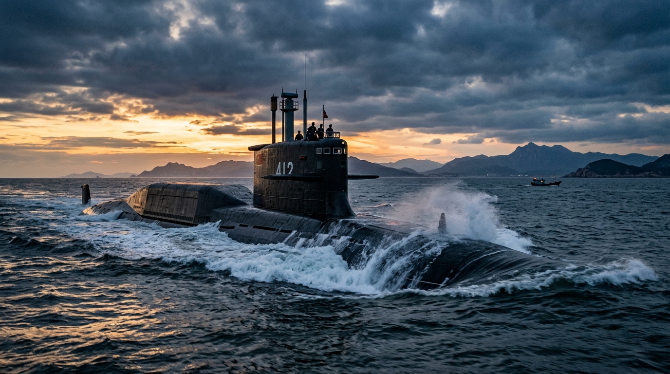 Sous-marin militaire émergeant de l'océan au crépuscule