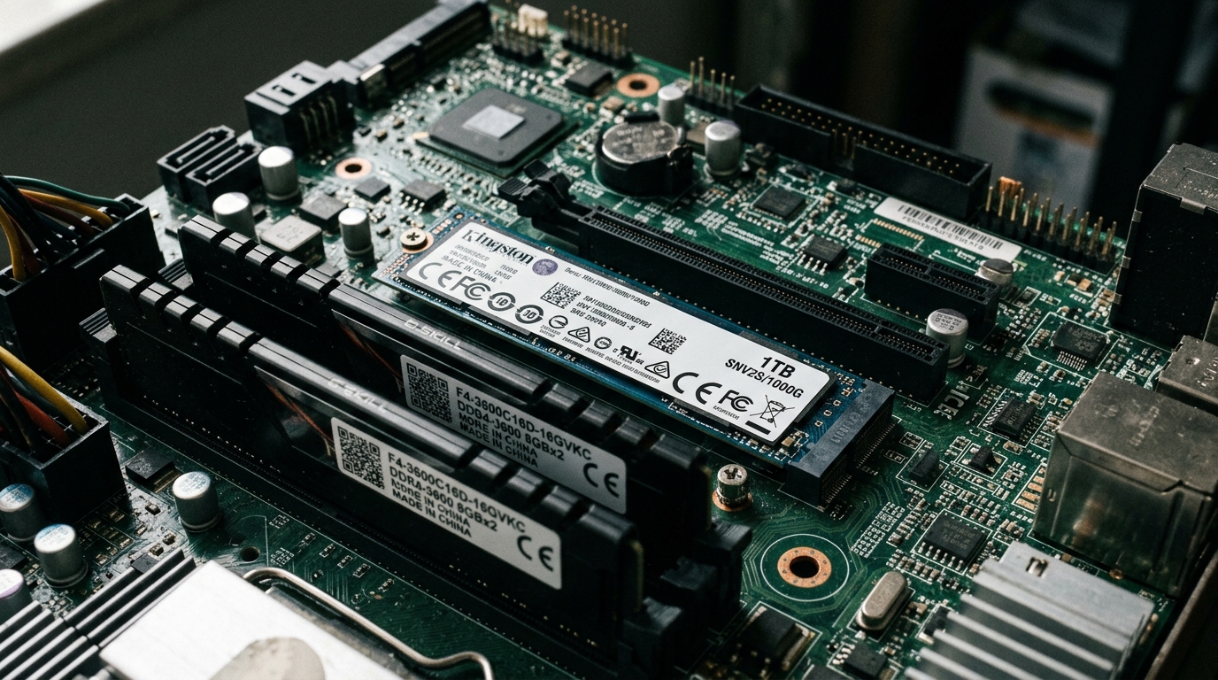 SSD et modules RAM sur fond de circuit imprimé